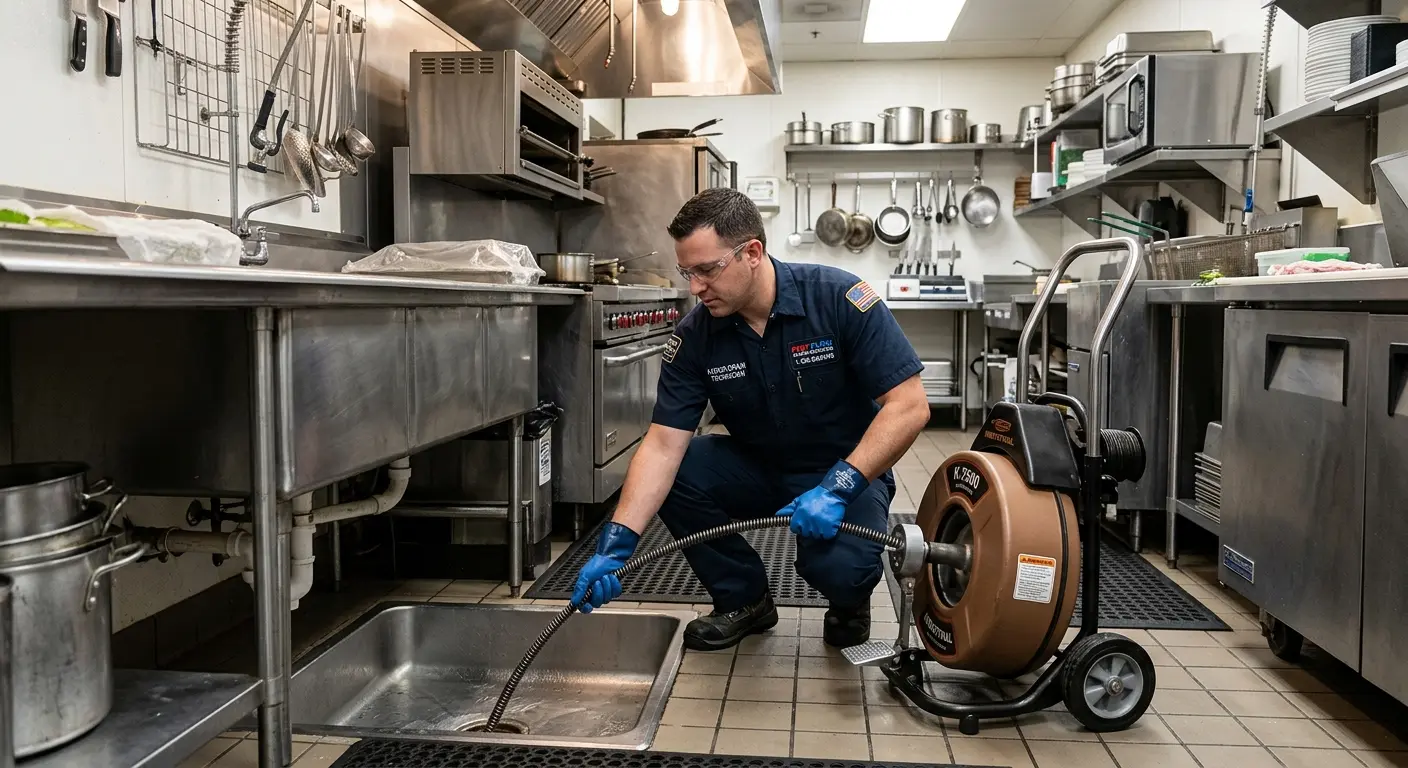 Commercial drain cleaning service in a restaurant kitchen in Martinez