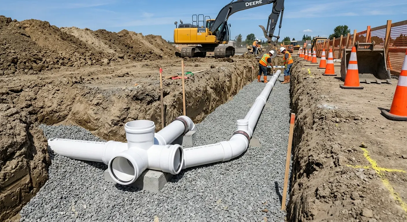 New PVC sewer pipe installation in open trench for Sewer Backup in Martinez
