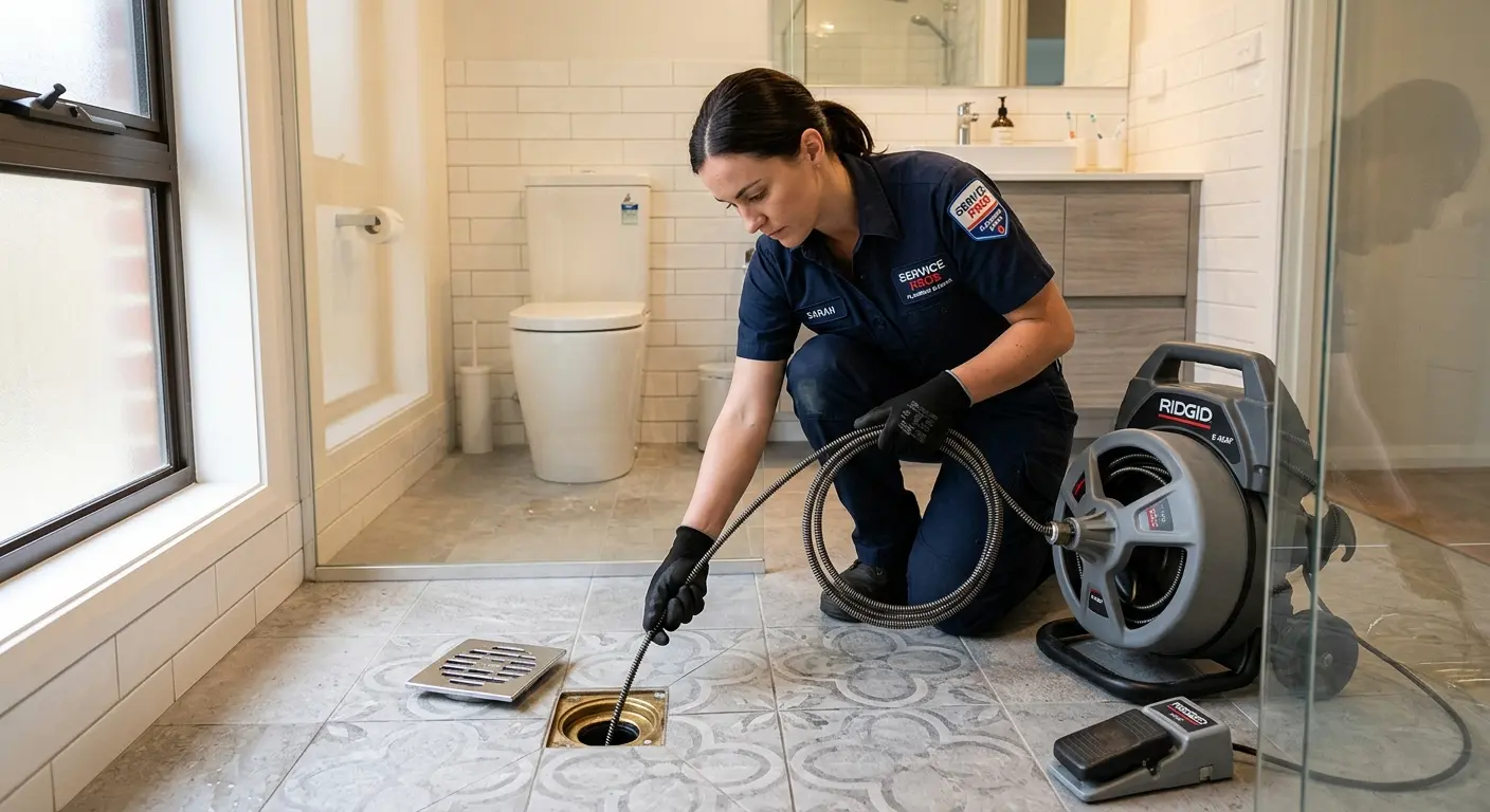 Technician clearing a bathroom floor drain for Drain Cleaning in Martinez